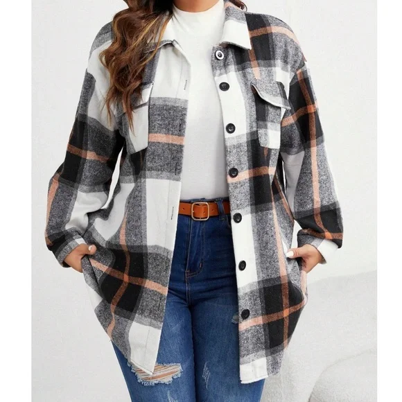 Plus Plaid Print Button Down jacket Shacket - Picture 10 of 10